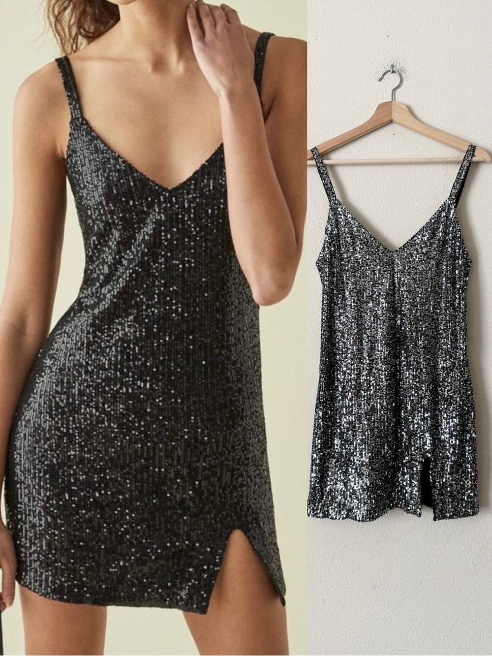 Reformation SMALL Jimmy black silver sequin cami mini dress with slit hem